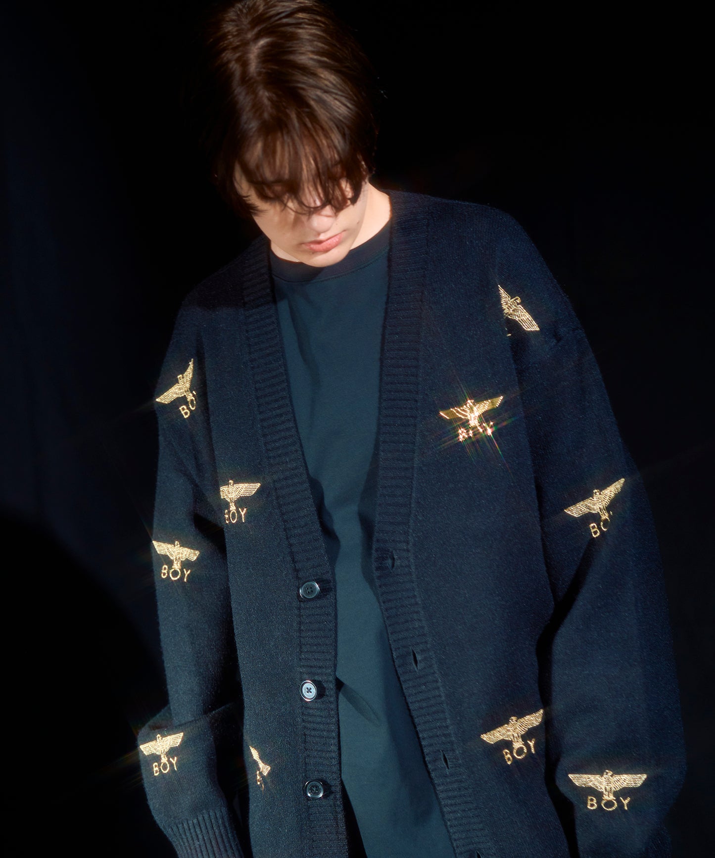 Gold LOGO Embroidery Knit Cardigan BLACK【B233N6490102】