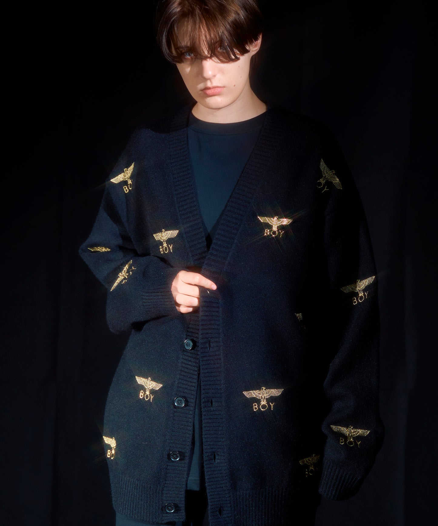 Gold LOGO Embroidery Knit Cardigan BLACK【B233N6490102】