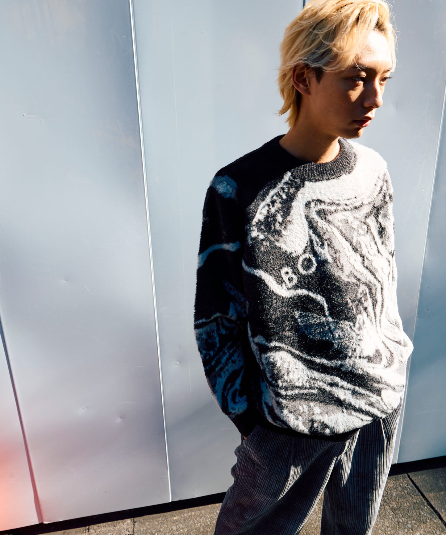 BOY MONOTONE SHAGGY JACQUARD KNIT BLACK【B234N6070202】