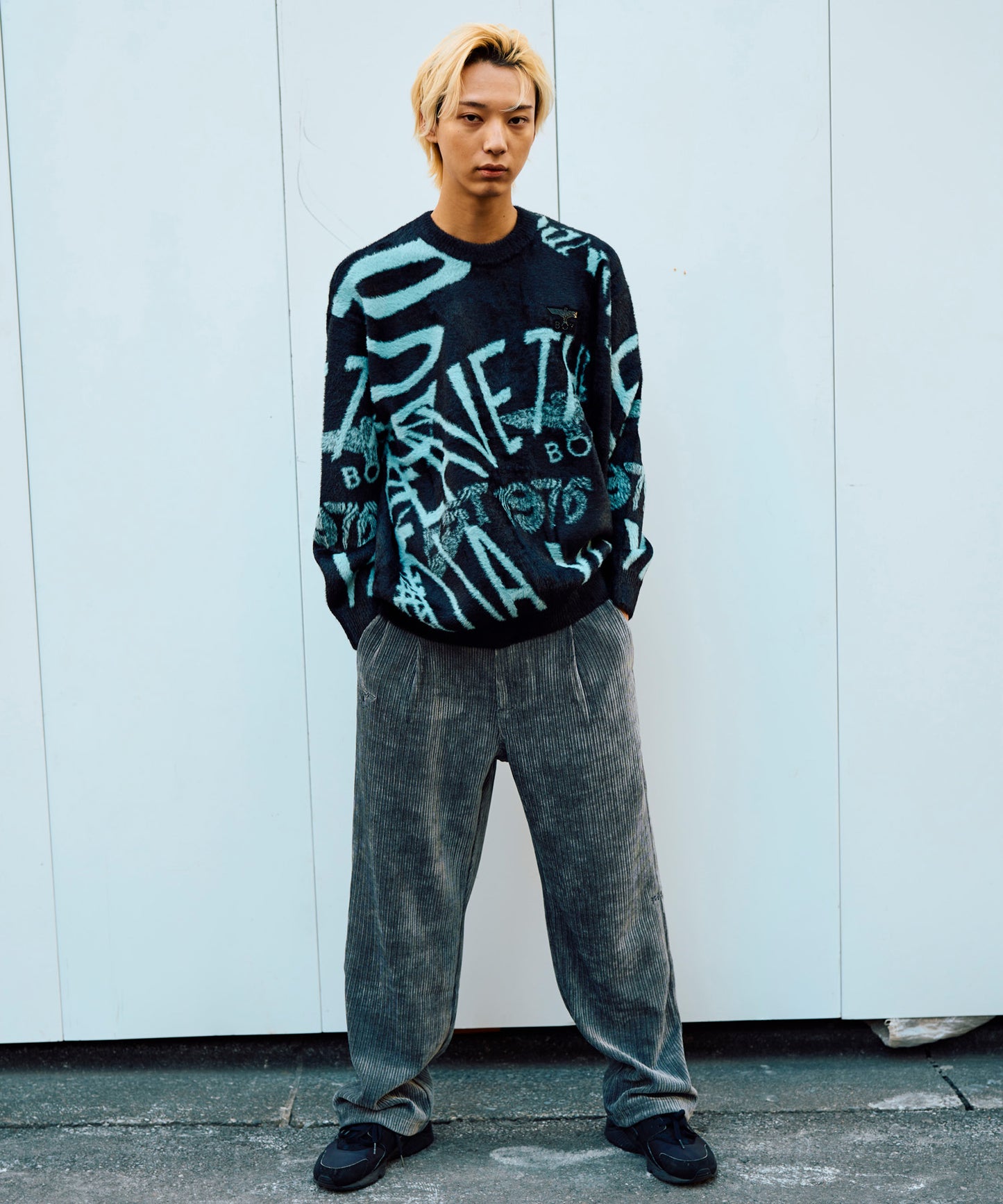 LEAVE THE BOY ALONE SHAGGY JACQUARD KNIT BLACK【B234N6070302】