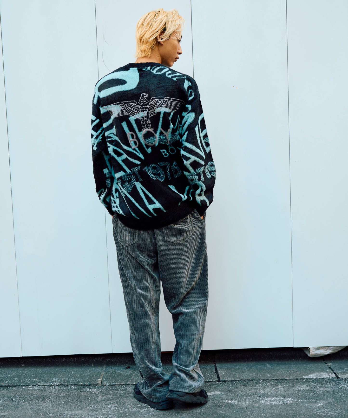 LEAVE THE BOY ALONE SHAGGY JACQUARD KNIT BLACK【B234N6070302】