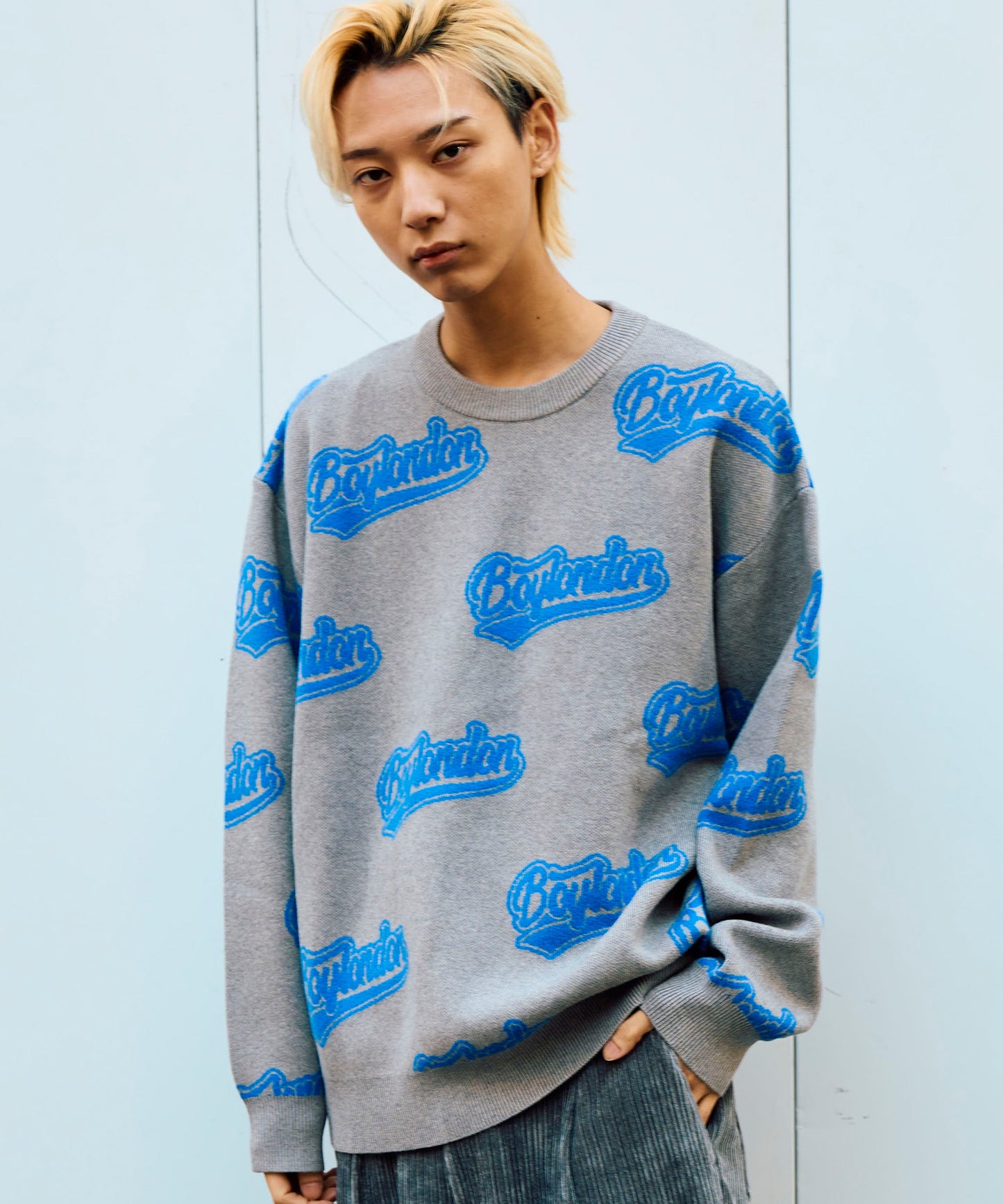 BOY LOGO JACQUARD KNIT PULLOVER GREY BLUE【B234N6000506】