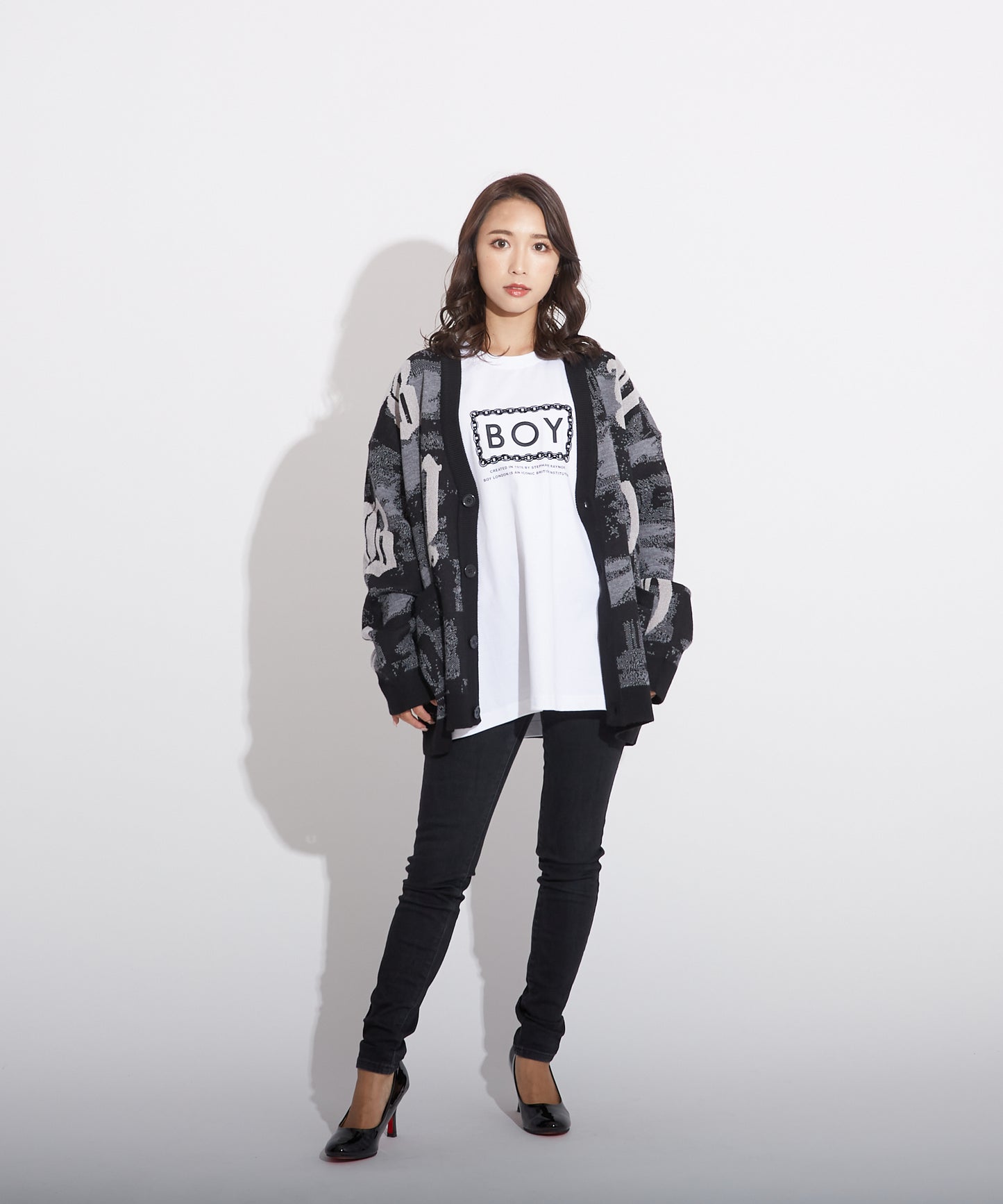 MOSAIC PATTERNED KNIT CARDIGAN BLACK【B223N6400102】