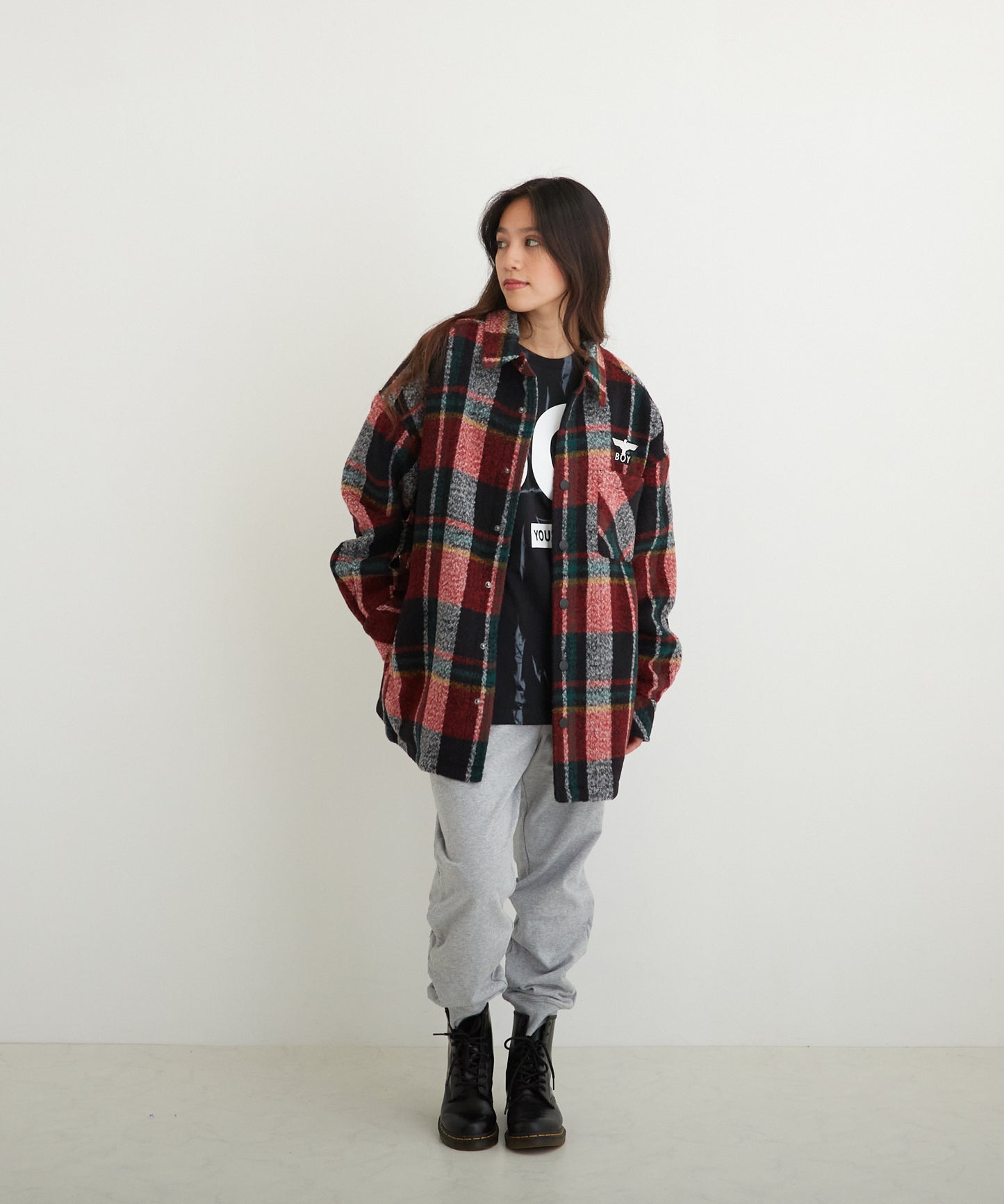 SHAGGY CHECK COACH JACKET RED【B224N2300704】