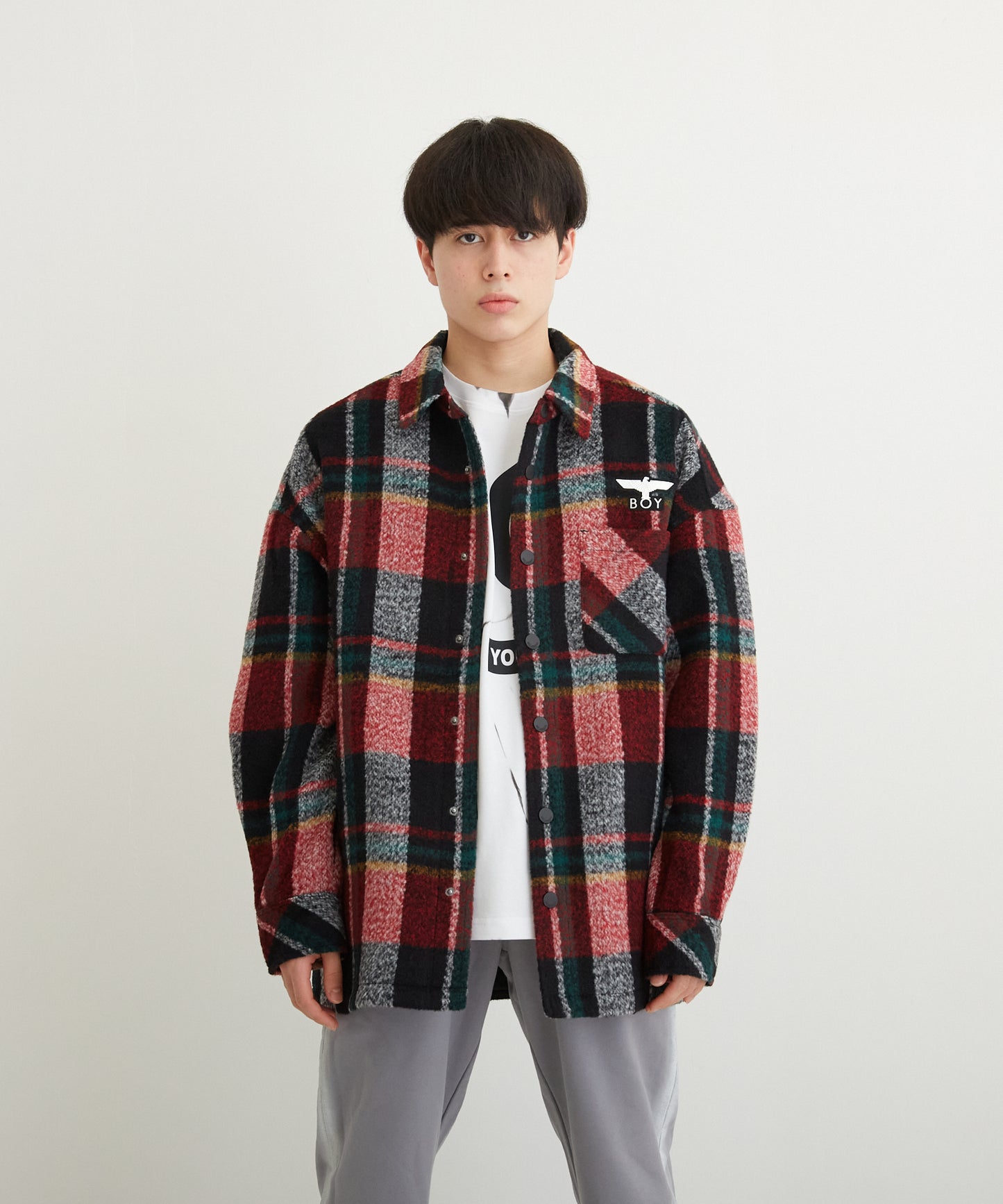 SHAGGY CHECK COACH JACKET RED【B224N2300704】