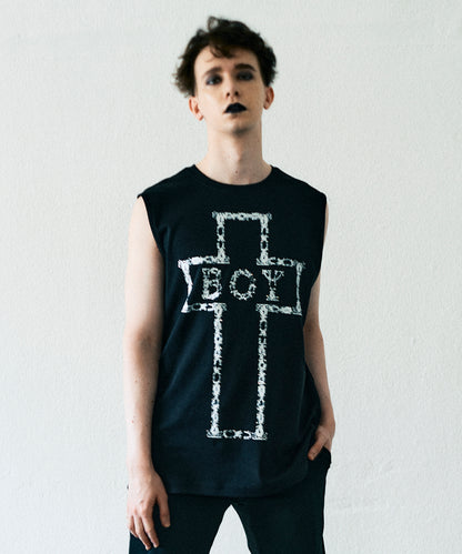 BOY CROSS MOTIFSLEEVELESS SHIRT BLACK【B232N0270102】