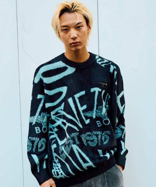 LEAVE THE BOY ALONE SHAGGY JACQUARD KNIT BLACK【B234N6070302】
