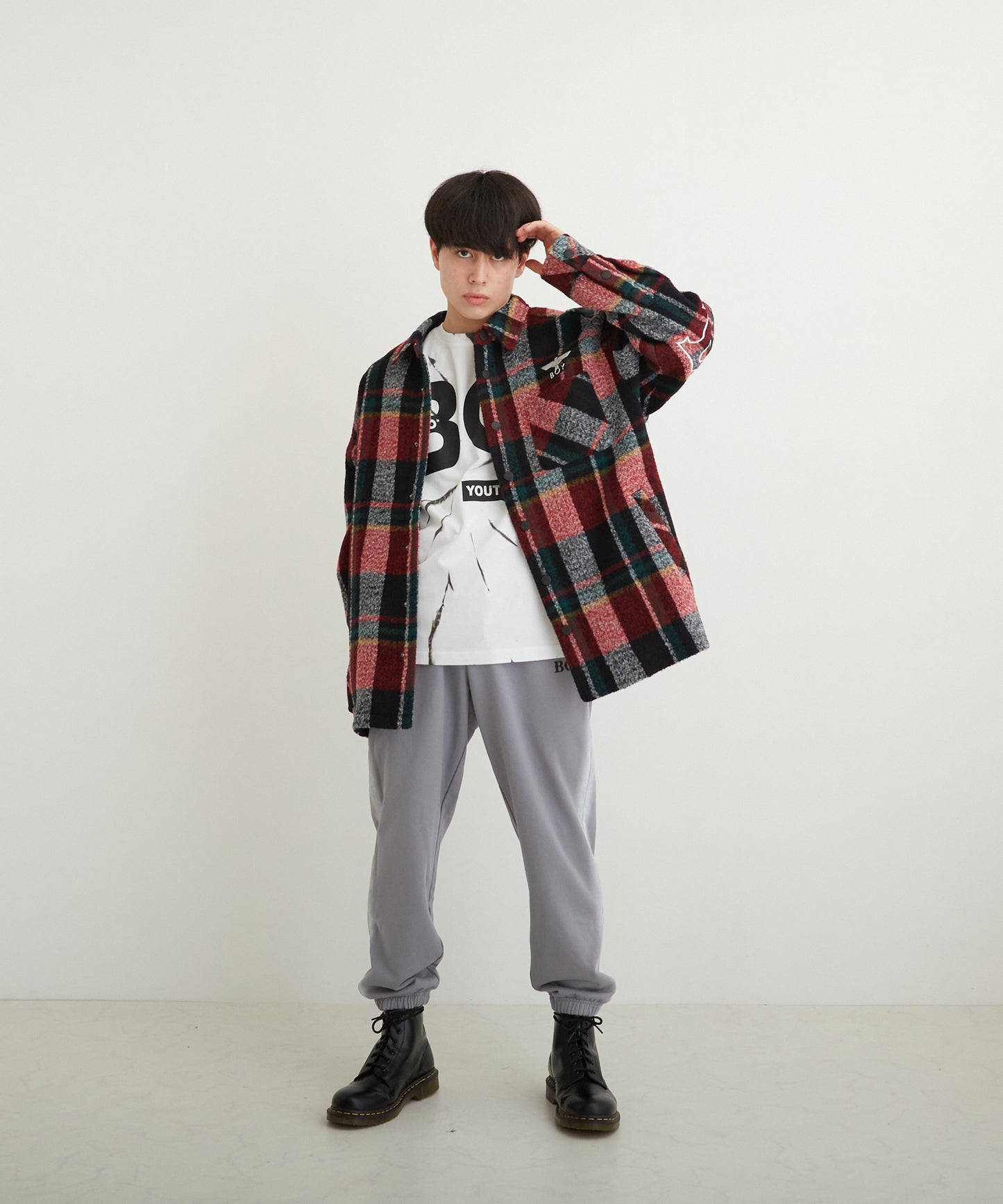 SHAGGY CHECK COACH JACKET RED【B224N2300704】